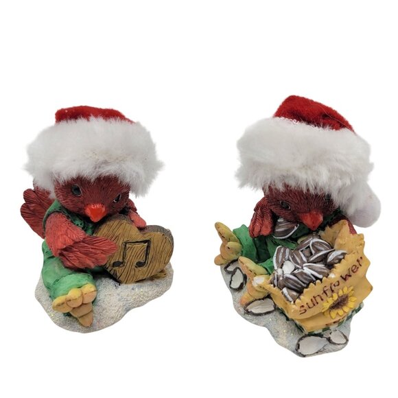 Vintage 1996 Christmas Card ENESCO Cardinal Bird Figurine Set Of 2 Santa Hats - Picture 2 of 14